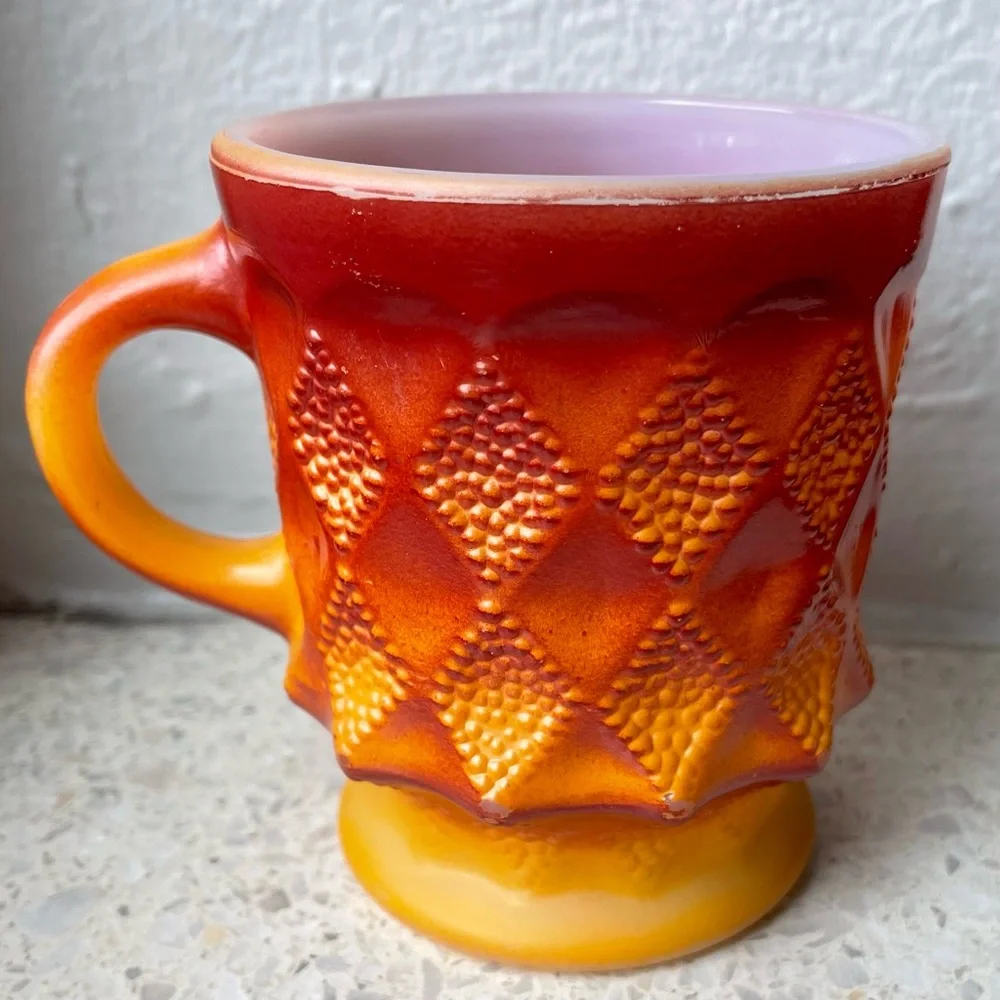 Vintage Fire King Red & Orange Diamond Anchor Hocking Coffee Mug Milk Glass